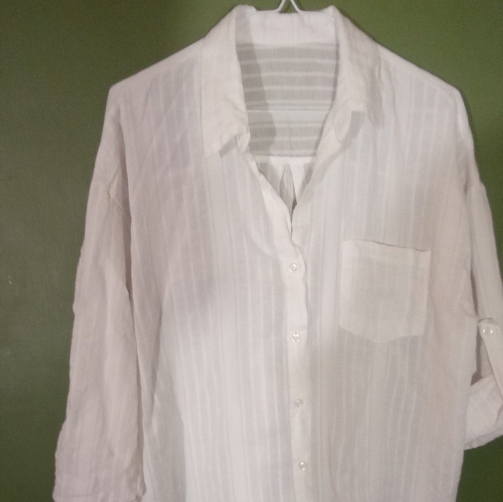 Crisp White Button Down Shirt Cotton Top Sz L Boho, Laid Back,classic
